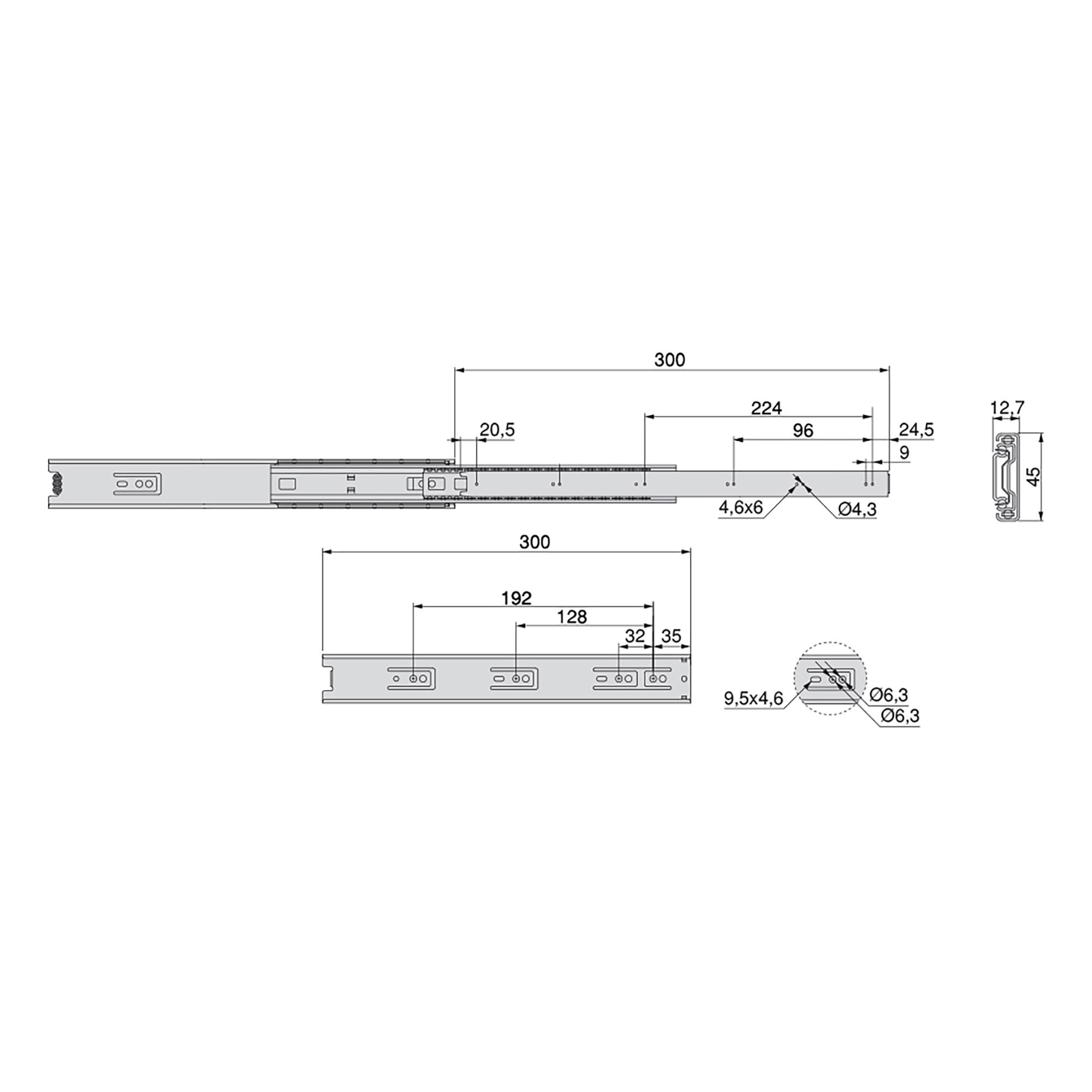 Set di guide per cassetti a estrazione totale, altezza 45 mm, lunghezza 300  mm, Acciaio, Zincato bianco